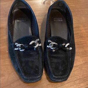 Stuart Weitzman black suede loafer with silver buckle